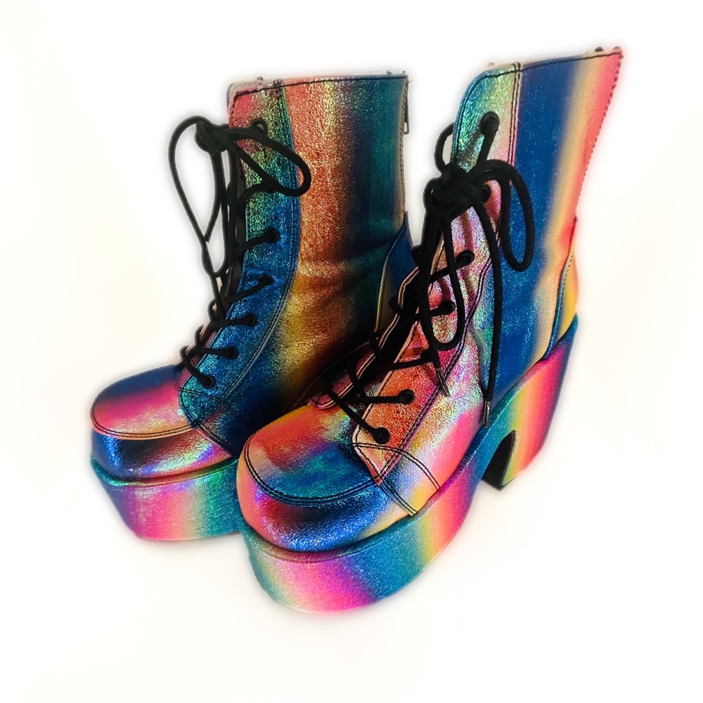 Demonia Iridescent Rainbow Platform Ankle Boots, 9